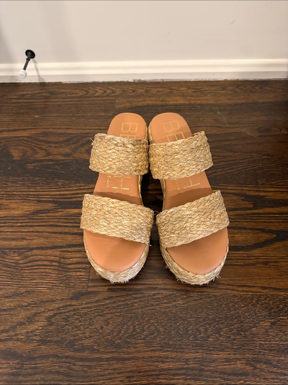 BeautiFeel Natural Braided Double-Strap Wedge Slides in Tan